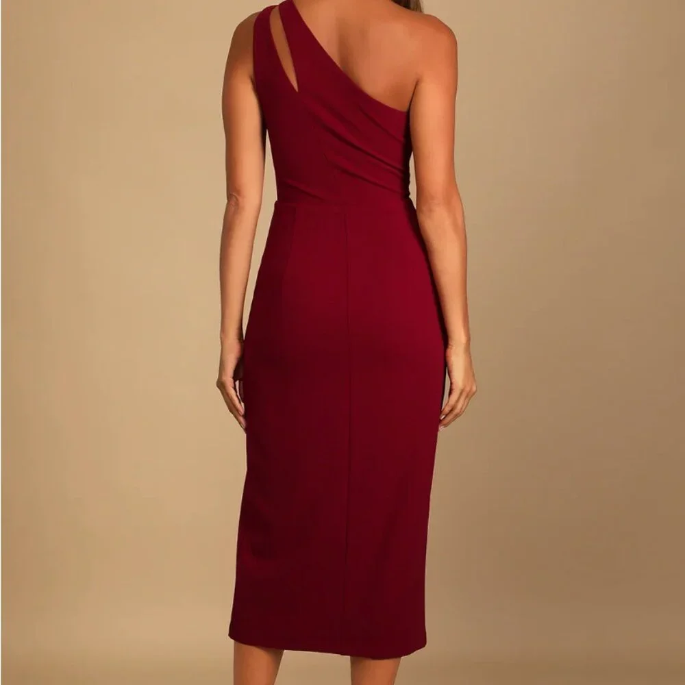So Flirty Burgundy One-Shoulder Cutout Asymmetrical Dress - Picture 3 of 7